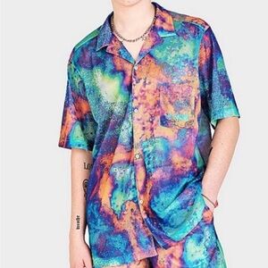 NWT Adidas AOP Tie Dye Mesh Button Up Shirt Short Sleeve Sz Med Multicolor EUC